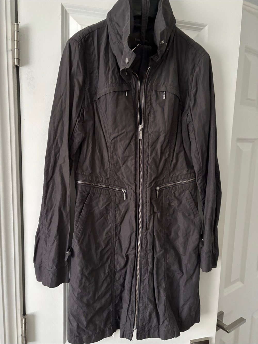 Cole Haan Charcoal  color Long Zip-Front Trench Coat with roll up sleeves